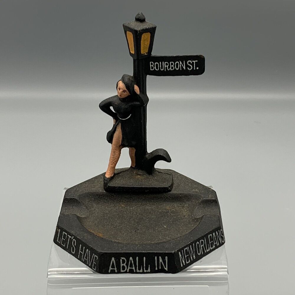 1950 Cast Iron Lets Have a Ball in New Orleans Ashtray Sexy Girl Lamp Bourbon St
